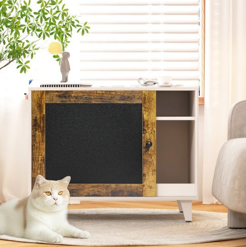 Litter Box Enclosure,Modern Hidden Cat Litter Box Enclosure Furniture With Scratching Pad For Living Room, White Vintage Color Door Frame