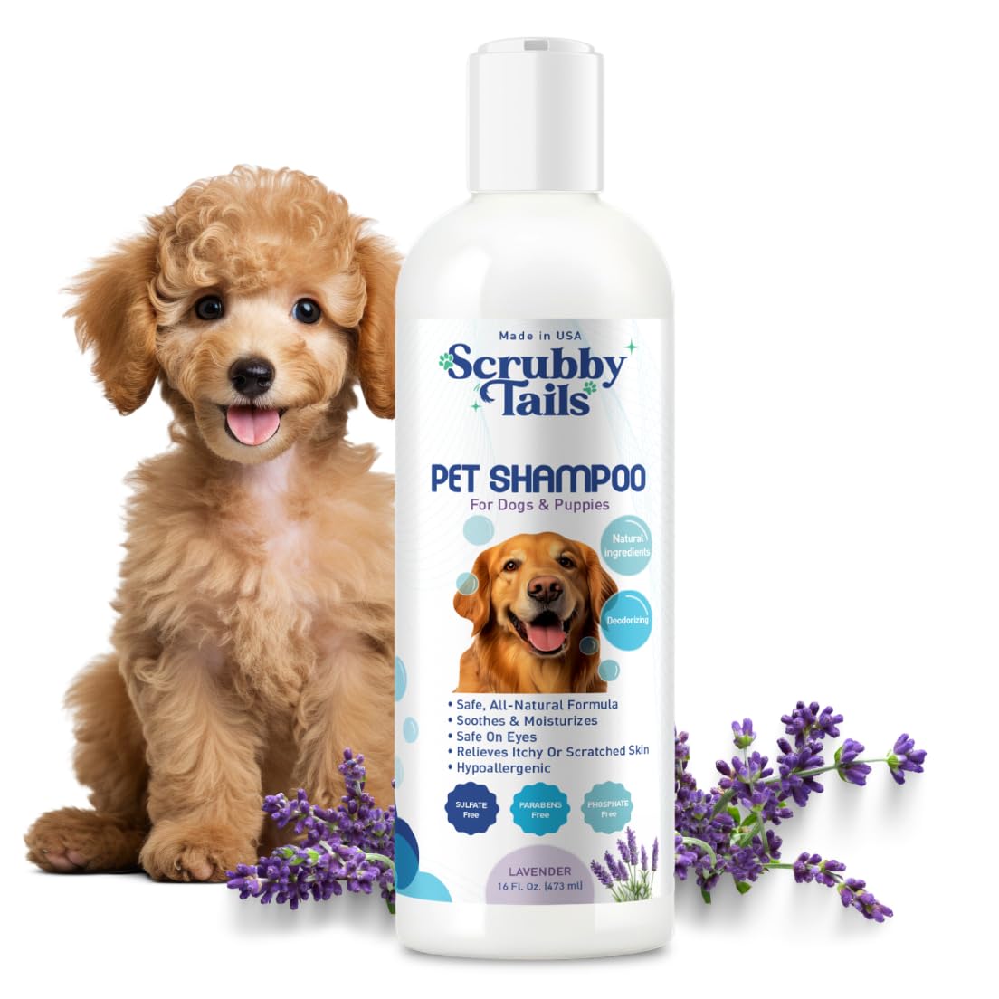Scrubby Tails Organic Dog Shampoo - Oatmeal Dog Shampoo for Itchy Skin - Hypoallergenic for Sensitive Skin & Puppies Deodorizes Smelly Dogs Tearless Made in USA 16oz (Lavender)