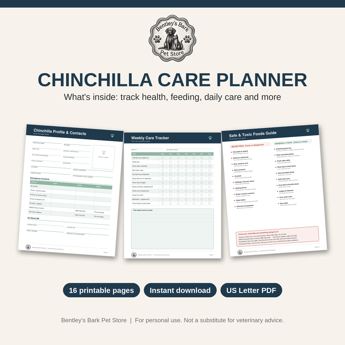 The Chinchilla Care Planner - Printable PDF (Instant Download)