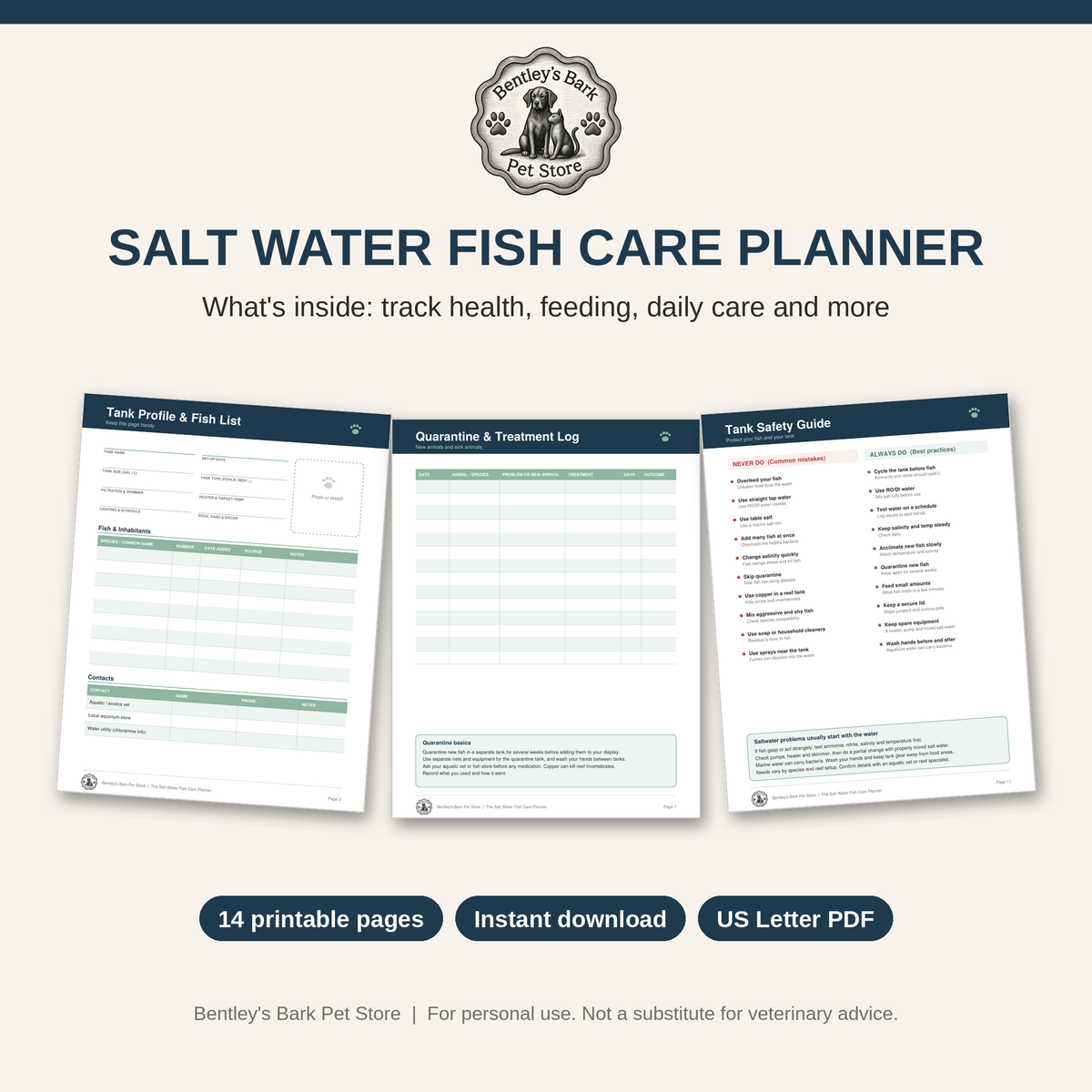 The Salt Water Fish Care Planner - Printable PDF (Instant Download)
