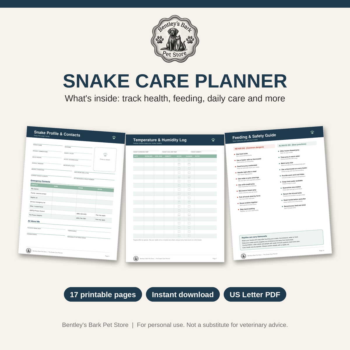 Sample pages from the Snake Care Planner printable PDF