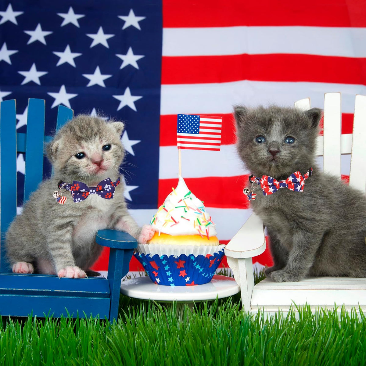 American Flag Cat Collar Breakaway with Bow Tie Bell - 2 Pack 4Th of July Kitten Collar with Removable Bowtie Red Blue American Flag Collars for Cat Kitten
