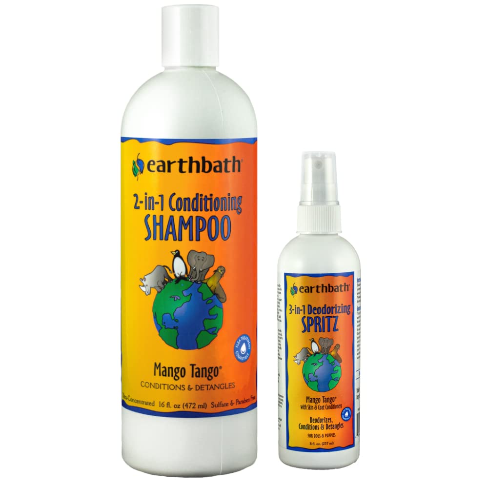 earthbath Mango Tango 2-in-1 Conditioning Shampoo & Spritz - Cruelty Free Dog Shampoo and Conditioner Made in USA Gentle Dog Conditioner Best Puppy Shampoo & Puppy Supplies Dog Wash - (1 Set)