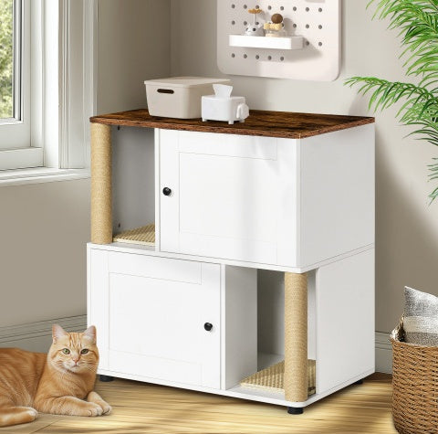 Double Cat Litter Box Enclosure with Shelf — Fits 2 Cats, White Vintage Cabinet