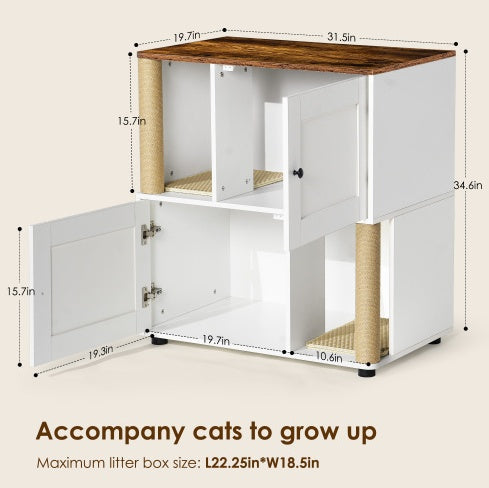 Double Cat Litter Box Enclosure with Shelf — Fits 2 Cats, White Vintage Cabinet