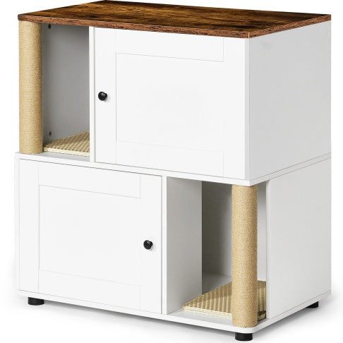 Double Cat Litter Box Enclosure with Shelf — Fits 2 Cats, White Vintage Cabinet