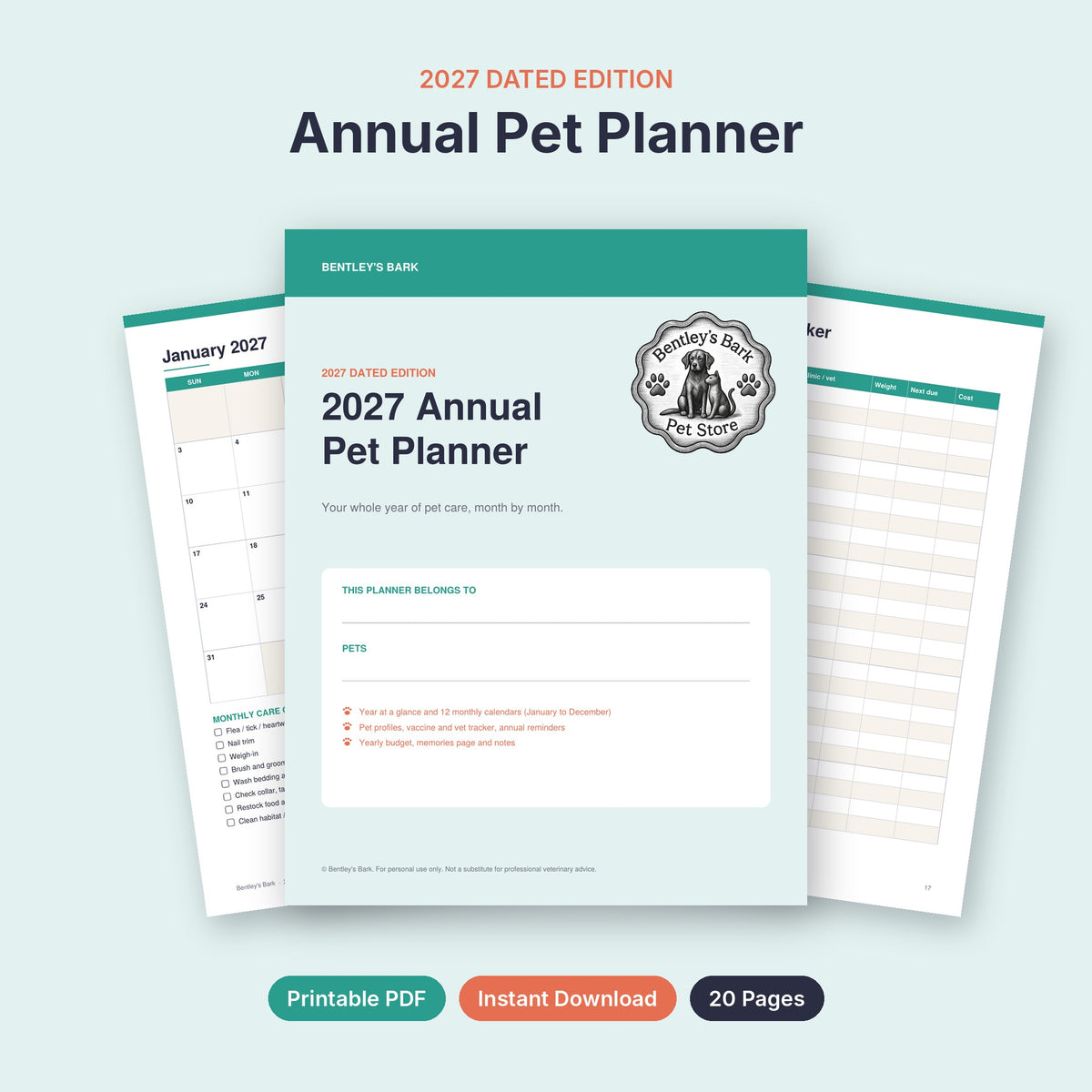 2027 Annual Pet Planner printable PDF cover with Bentley's Bark logo, 20-page dated edition