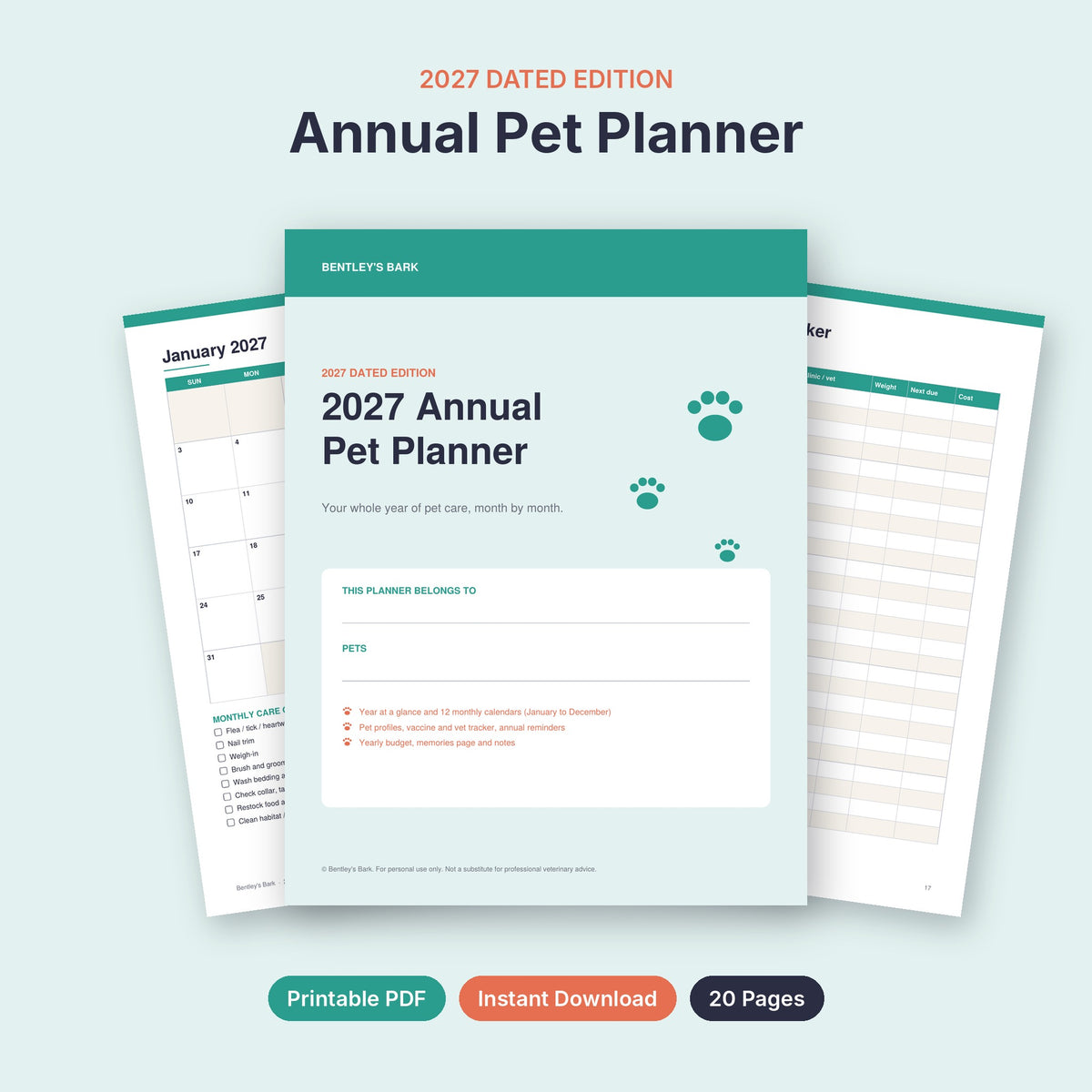2027 Annual Pet Planner printable PDF cover with monthly calendar pages fanned behind it