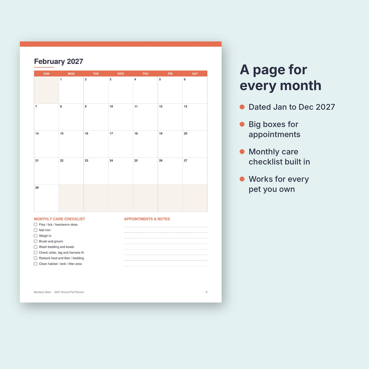 Dated 2027 monthly calendar page with big appointment boxes and a built-in monthly care checklist