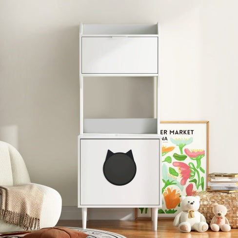 Hidden Cat Litter Box Enclosure with Shelves & Doors — White Wooden Industrial Cabinet