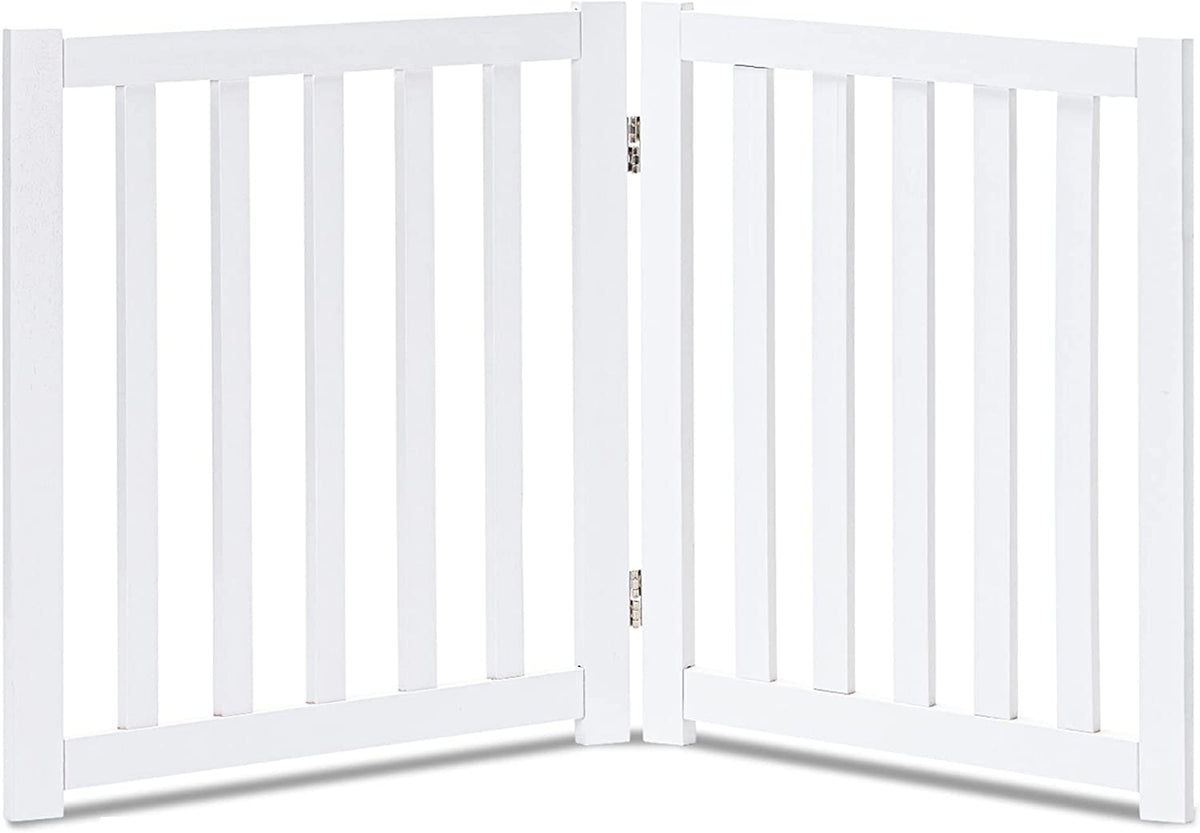 Wooden Free Standing Dog Gate 40" W X 24" H, Foldable Solid Hardwood Pet Safety Fence for House Doorways, Stairs, Hallways, Step-Over Pet Barrier, No Drill Easy Setup, White
