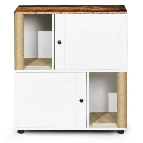 Double Cat Litter Box Enclosure with Shelf — Fits 2 Cats, White Vintage Cabinet