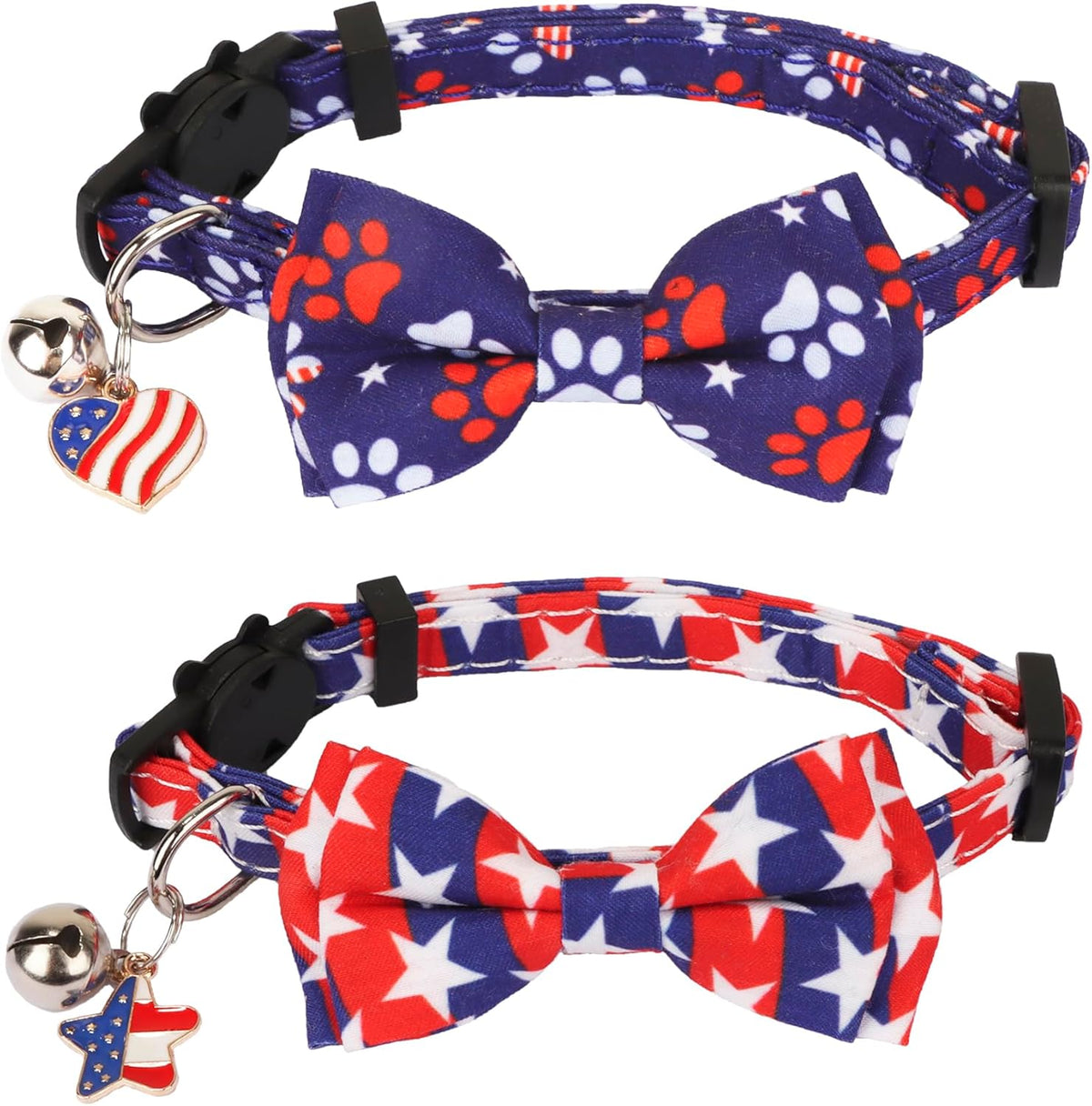 American Flag Cat Collar Breakaway with Bow Tie Bell - 2 Pack 4Th of July Kitten Collar with Removable Bowtie Red Blue American Flag Collars for Cat Kitten