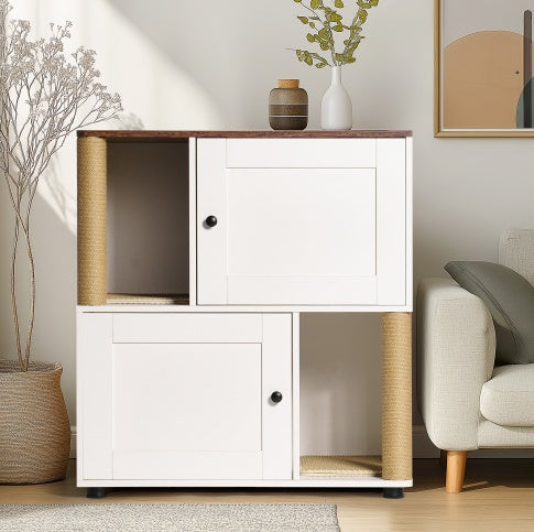 Double Cat Litter Box Enclosure with Shelf — Fits 2 Cats, White Vintage Cabinet