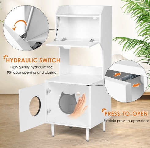 Hidden Cat Litter Box Enclosure with Shelves & Doors — White Wooden Industrial Cabinet