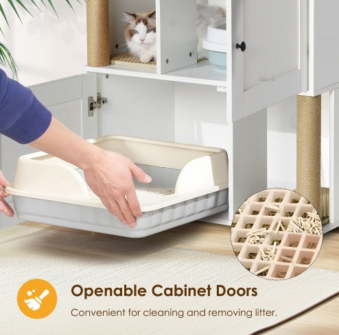 Double Cat Litter Box Enclosure with Shelf — Fits 2 Cats, White Vintage Cabinet