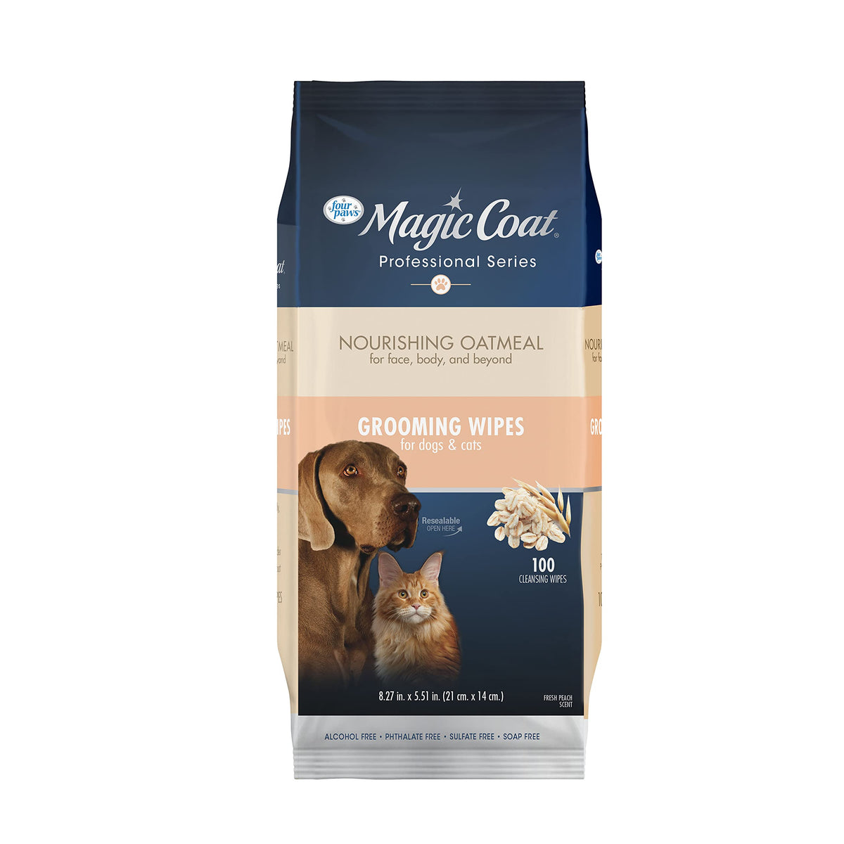 Four Paws Magic Coat Professional Series Nourishing Oatmeal Cat and Dog Grooming Wipes - Fresh Peach Scent 100 Count