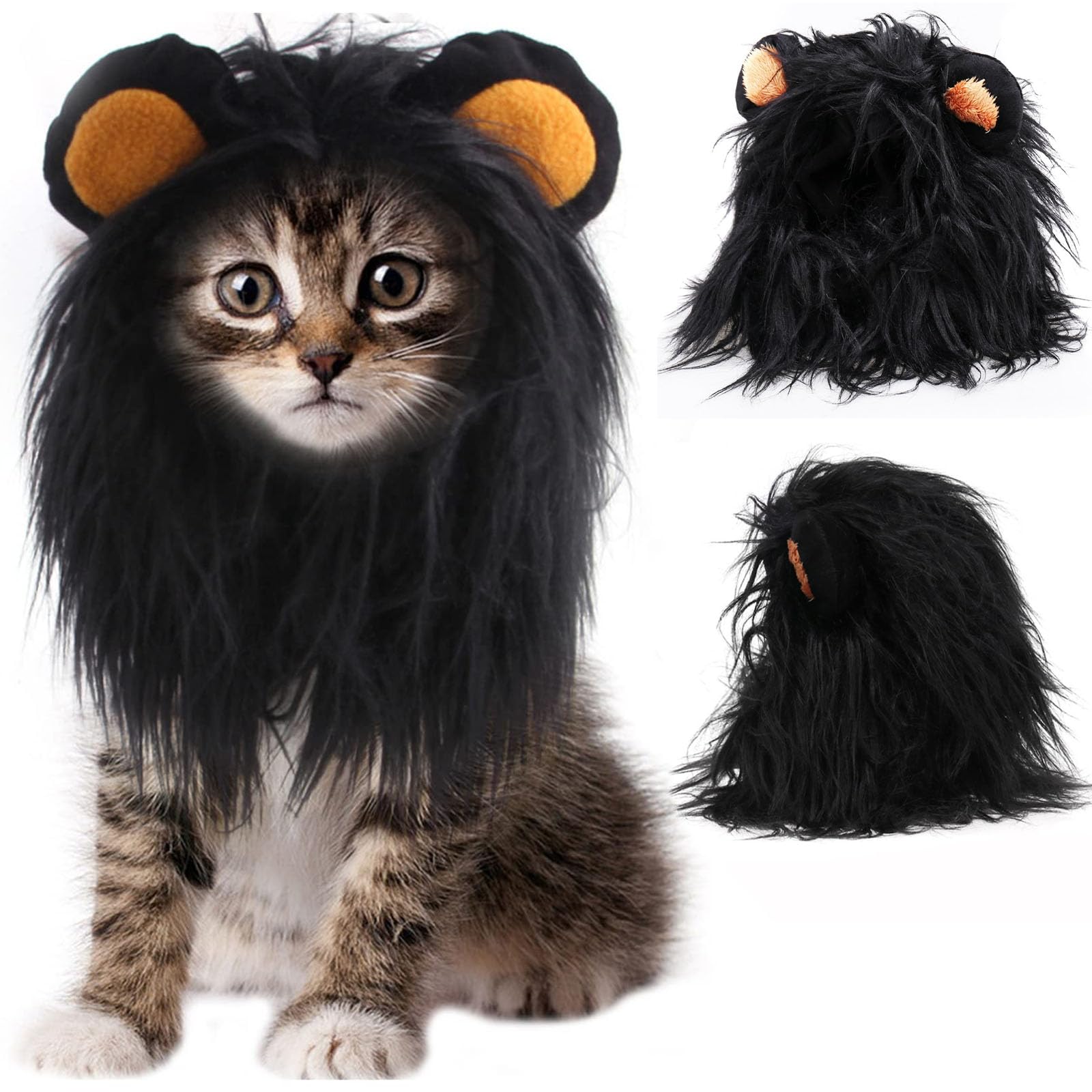 Cat Dog Halloween Costumes Black Lion Mane Wig Realistic & Funny Dog Costume Cute Pet Hat for Small Dogs Cats Puppy Kitten Cosplay Party Fancy Lion Hair Outfit Christmas Apparel (Black Small)
