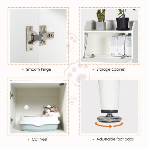 Hidden Cat Litter Box Enclosure with Shelves & Doors — White Wooden Industrial Cabinet