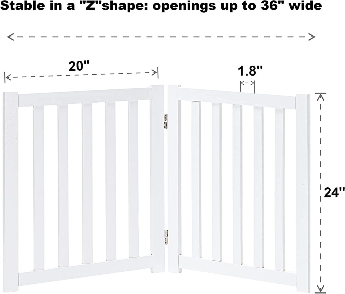 Wooden Free Standing Dog Gate 40" W X 24" H, Foldable Solid Hardwood Pet Safety Fence for House Doorways, Stairs, Hallways, Step-Over Pet Barrier, No Drill Easy Setup, White