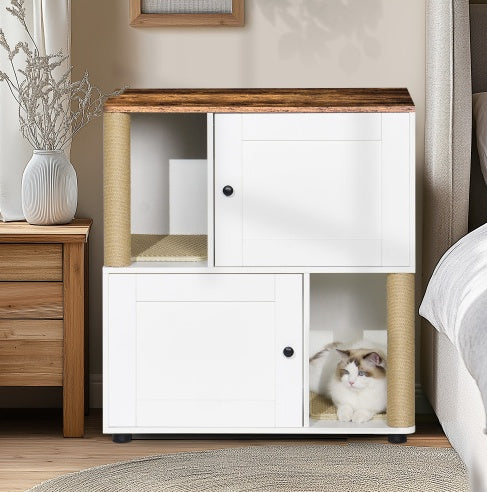 Double Cat Litter Box Enclosure with Shelf — Fits 2 Cats, White Vintage Cabinet