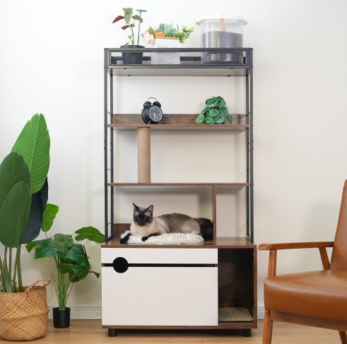 Cat Litter Box Enclosure w/ Shelves & Litter Box