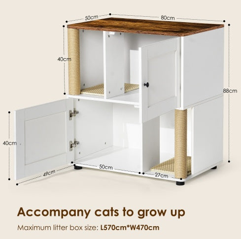 Double Cat Litter Box Enclosure with Shelf — Fits 2 Cats, White Vintage Cabinet