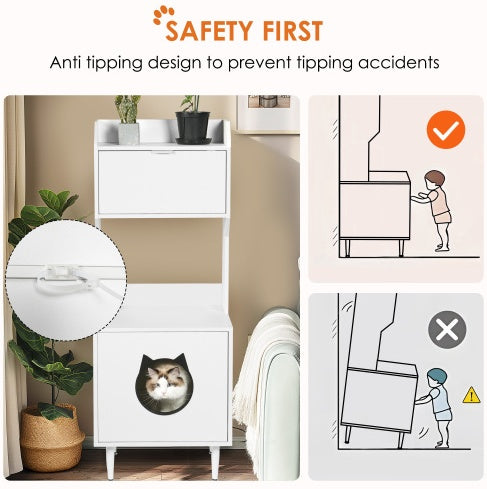 Hidden Cat Litter Box Enclosure with Shelves & Doors — White Wooden Industrial Cabinet