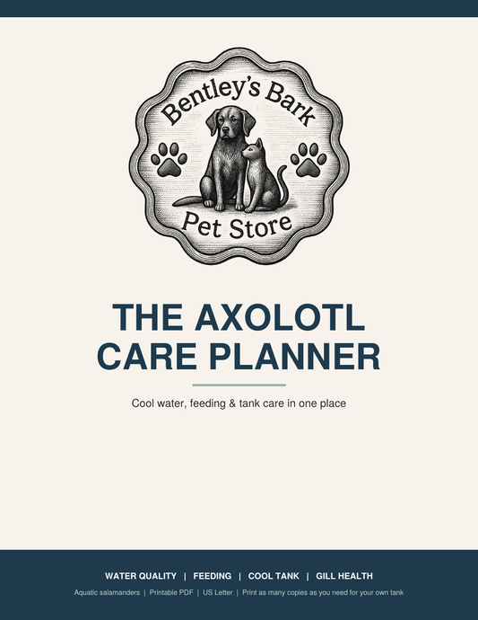 Axolotl Care Planner cover with the Bentley's Bark logo and title, a printable PDF