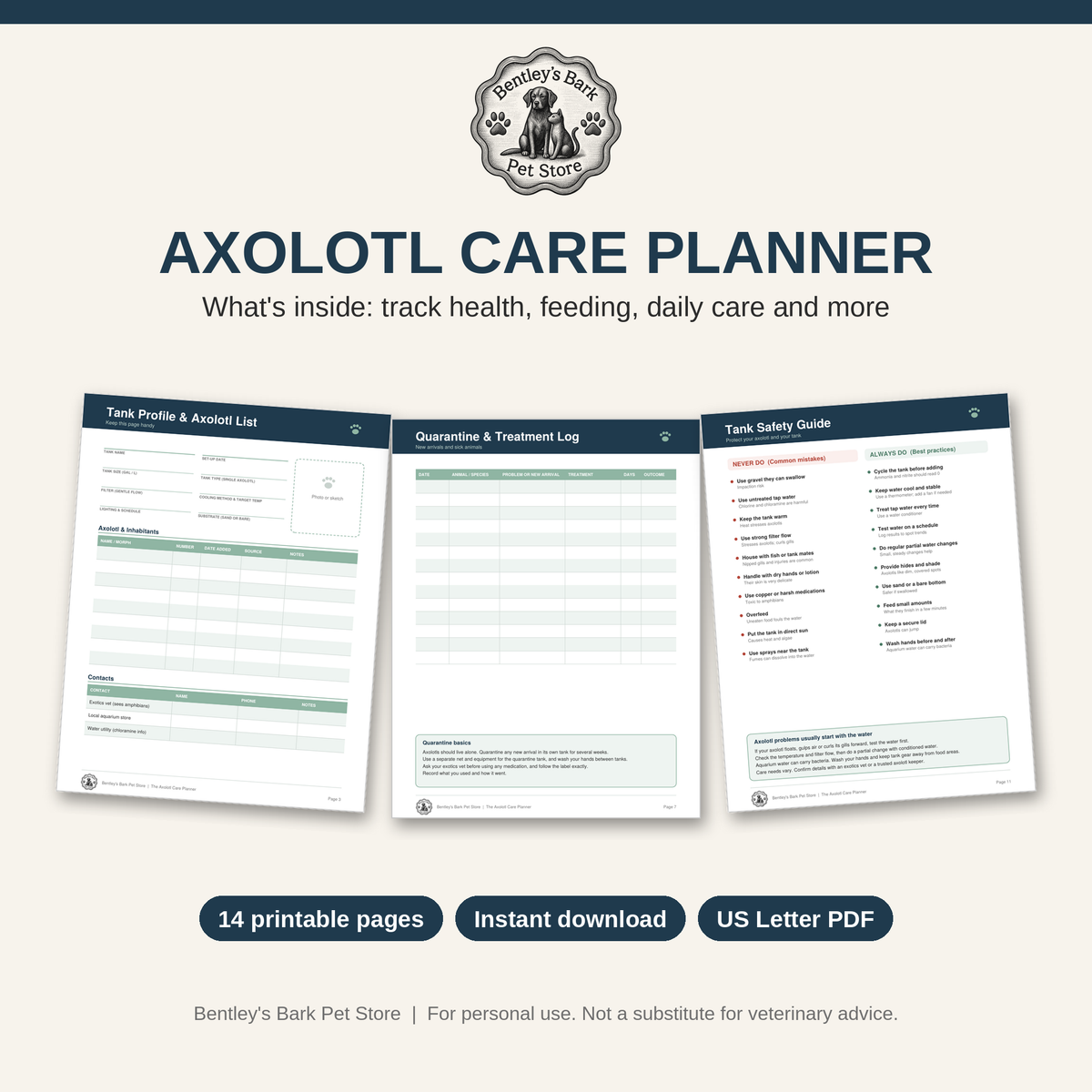 The Axolotl Care Planner - Printable PDF (Instant Download)