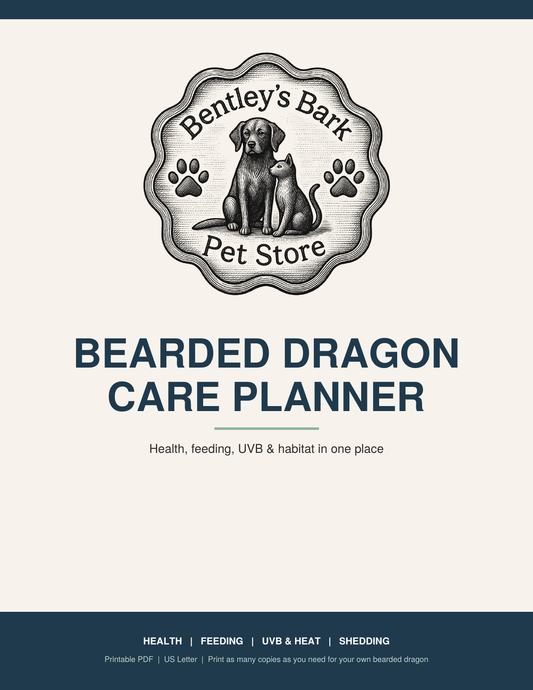 Bearded Dragon Care Planner cover with the Bentley's Bark logo and title, a printable PDF