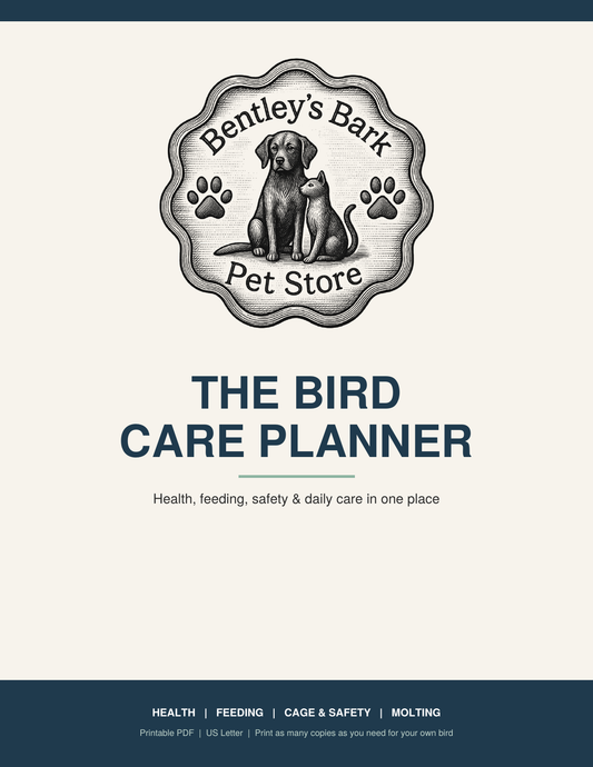 Bird Care Planner cover with the Bentley's Bark logo and title, a printable PDF
