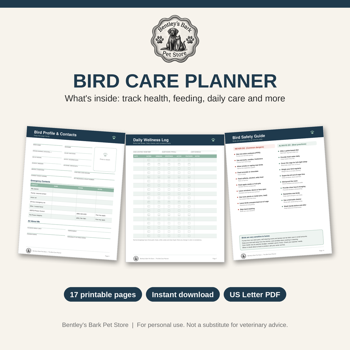 The Bird Care Planner - Printable PDF (Instant Download)