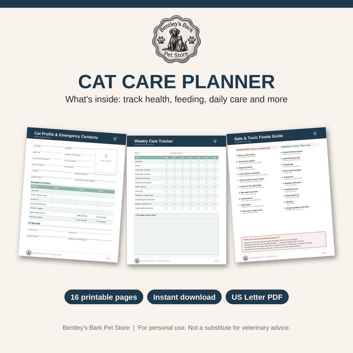 Sample pages from the Cat Care Planner printable PDF