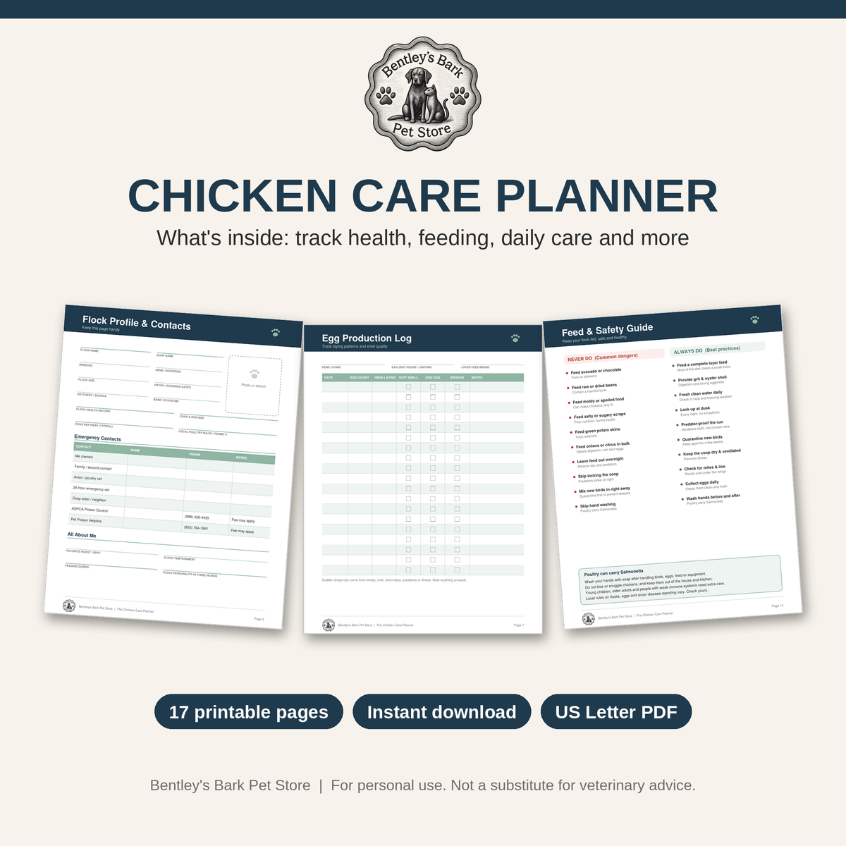 The Chicken Care Planner - Printable PDF (Instant Download)