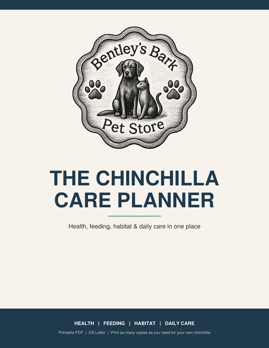 Chinchilla Care Planner cover with the Bentley's Bark logo and title, a printable PDF