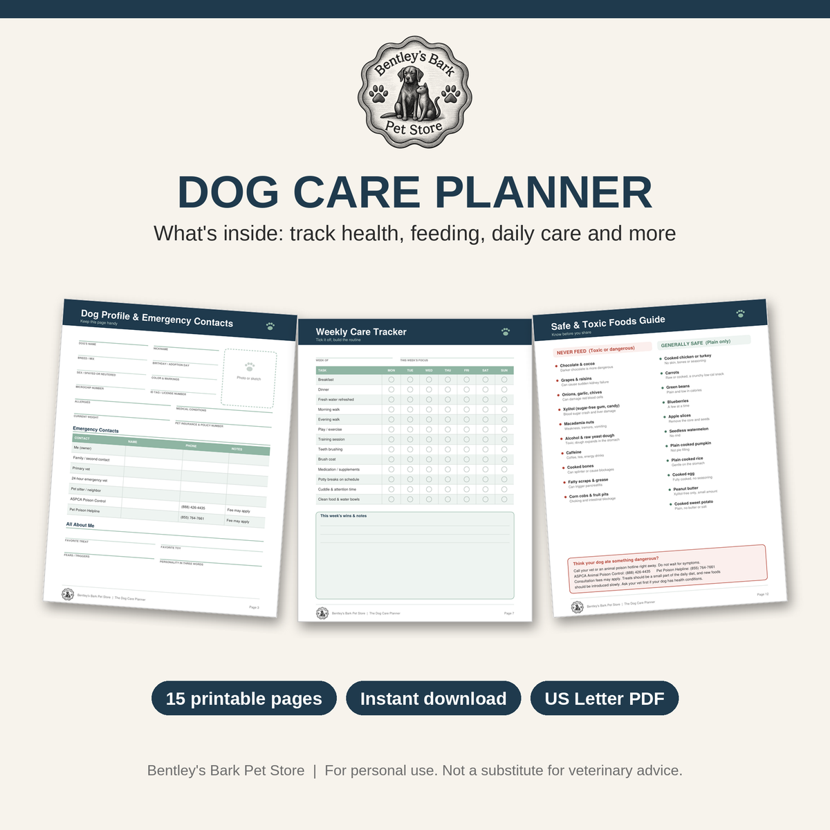 Sample pages from the Dog Care Planner printable PDF