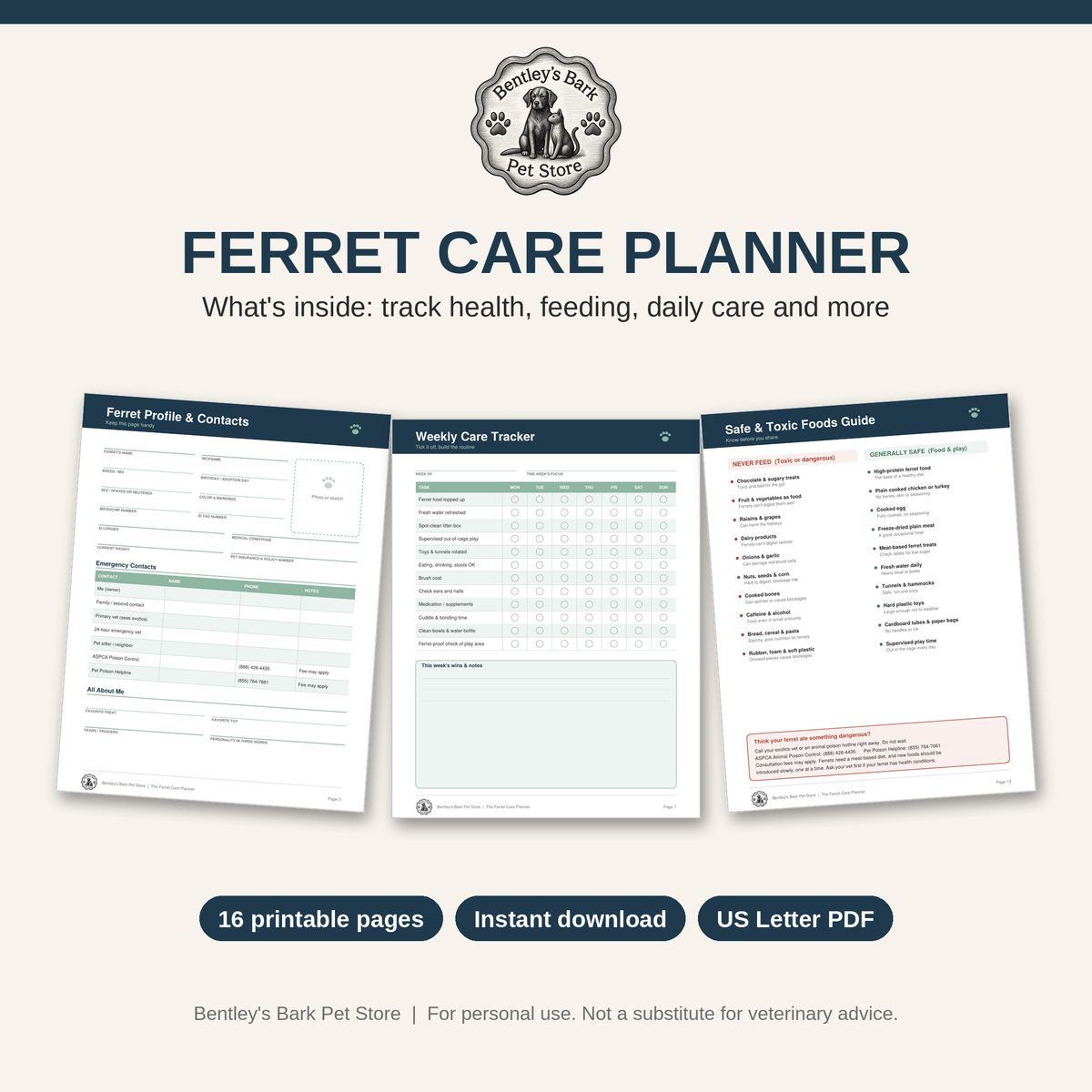 Sample pages from the Ferret Care Planner printable PDF