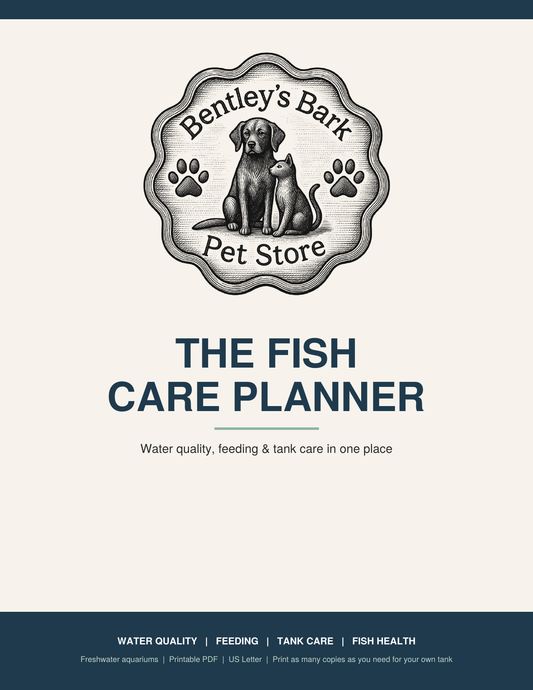 Fish Care Planner cover with the Bentley's Bark logo and title, a printable PDF