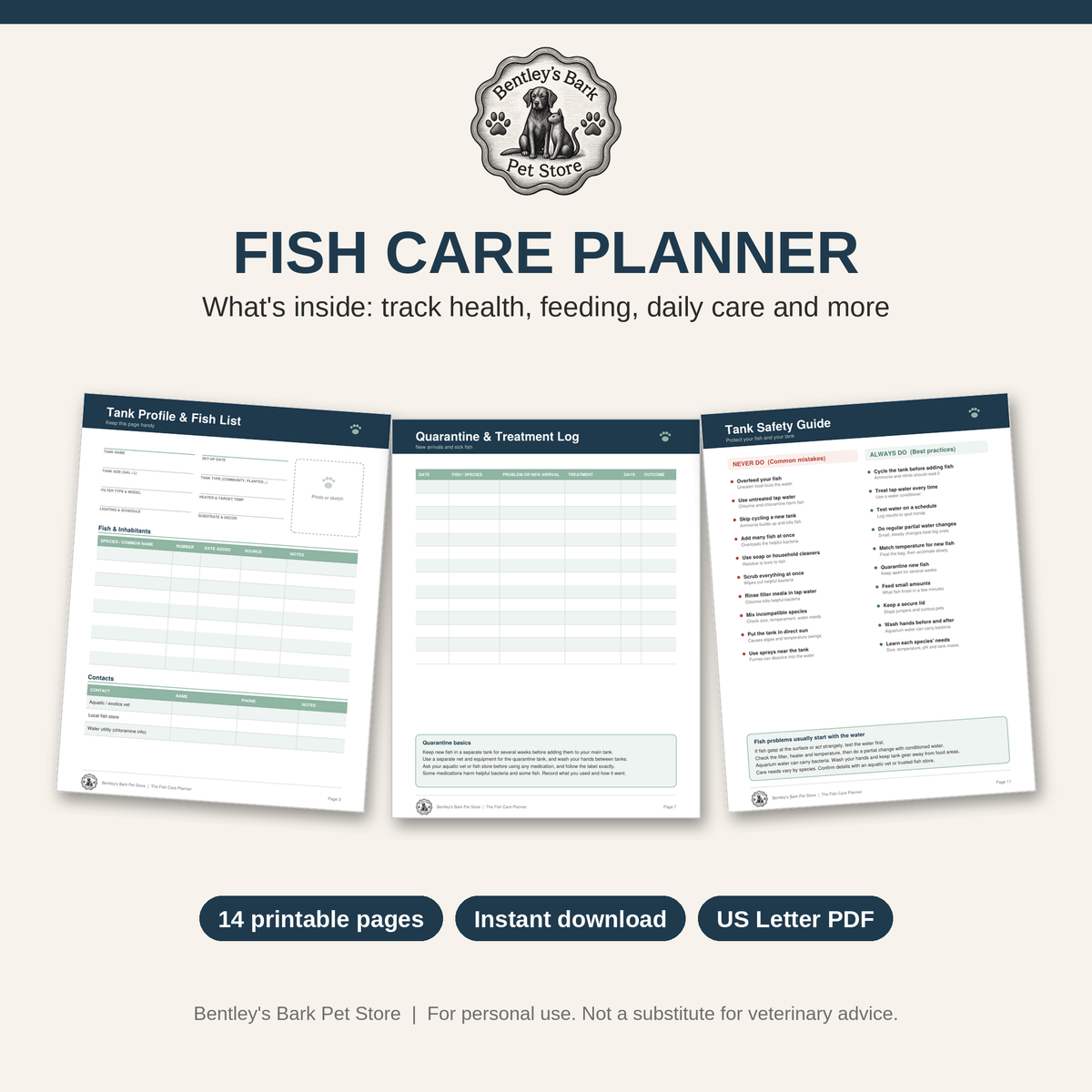 The Fish Care Planner - Printable PDF (Instant Download)