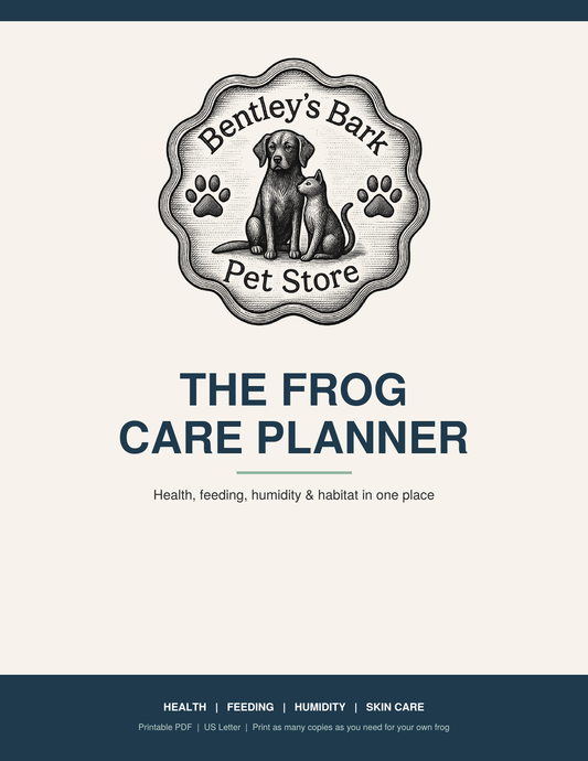Frog Care Planner cover with the Bentley's Bark logo and title, a printable PDF