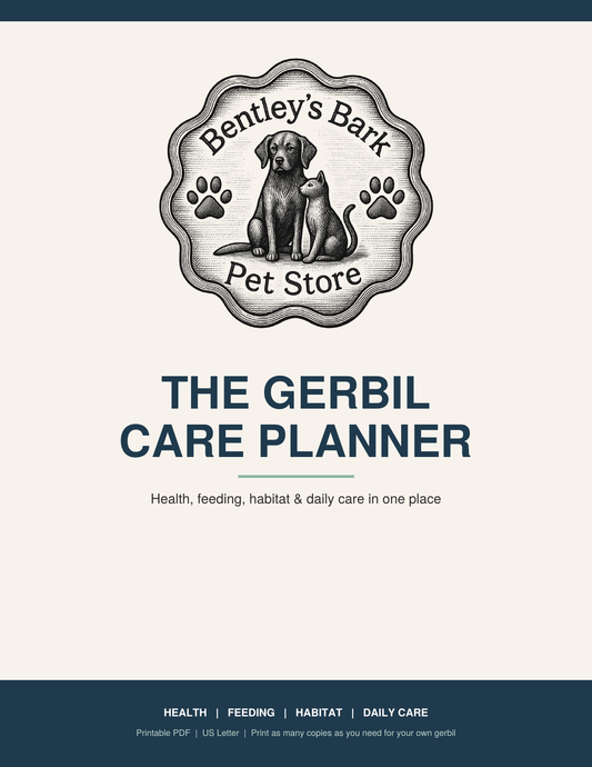 Gerbil Care Planner cover with the Bentley's Bark logo and title, a printable PDF