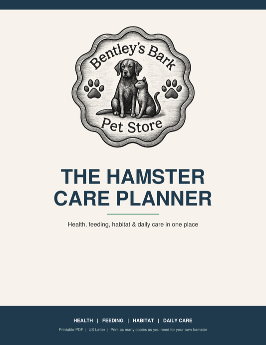 Hamster Care Planner cover with the Bentley's Bark logo and title, a printable PDF