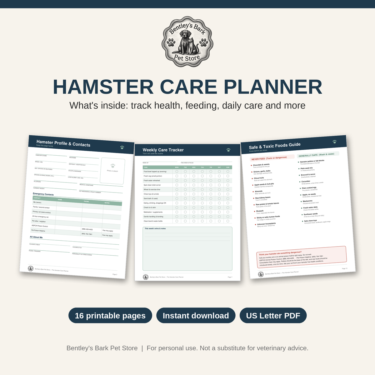 The Hamster Care Planner - Printable PDF (Instant Download)