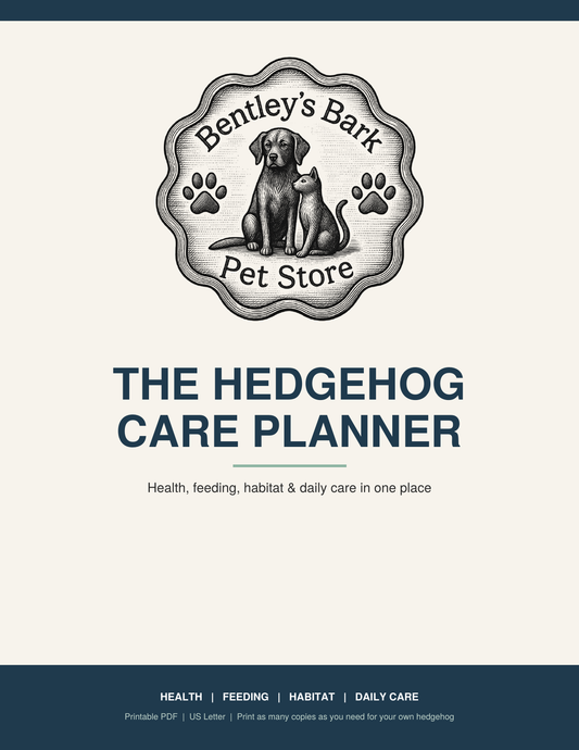 Hedgehog Care Planner cover with the Bentley's Bark logo and title, a printable PDF