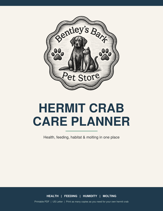Hermit Crab Care Planner cover with the Bentley's Bark logo and title, a printable PDF