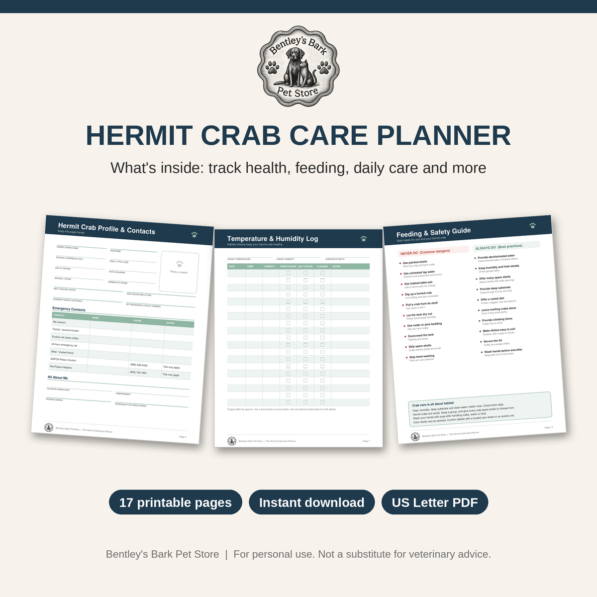 The Hermit Crab Care Planner - Printable PDF (Instant Download)