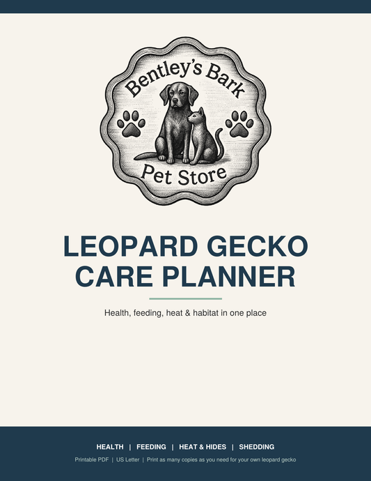 Leopard Gecko Care Planner cover with the Bentley's Bark logo and title, a printable PDF