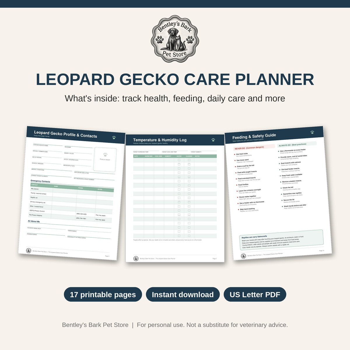 Sample pages from the Leopard Gecko Care Planner printable PDF