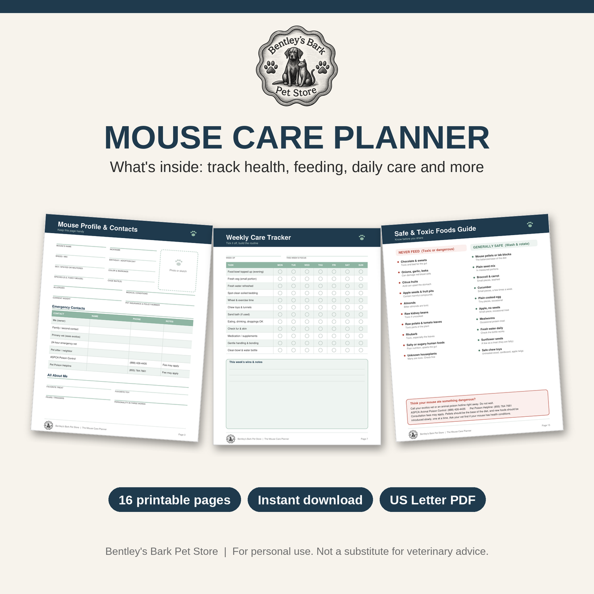 The Mouse Care Planner - Printable PDF (Instant Download)